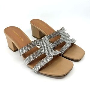 NEW Madden Girl Sandals Womens Sz 8 Elaine-R Rhinestone Slide Block Heel Silver